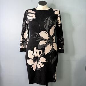 Calvin Klein Floral Print 3/4 Length Sleeve Knit Sweater Dress in Gray Women's L